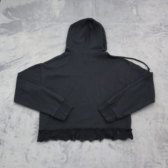 AC DC Sweatshirt Womens M Black Lace Trim Hem Drawstring Hoodie Activewear - Picture 8 of 16